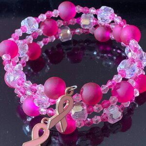 Glass and Acrylic Breast Cancer Awareness beaded coil bracelet